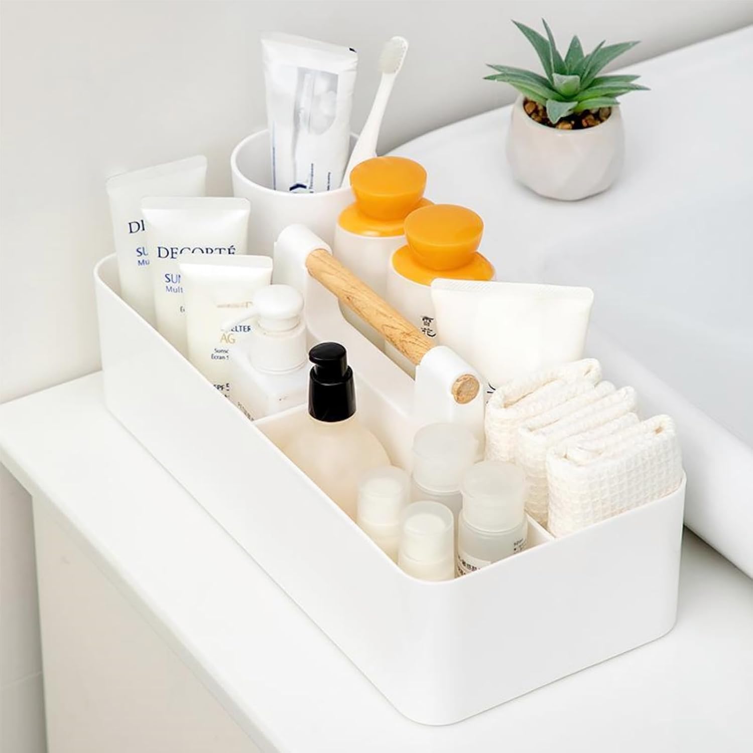 Acshio 2 Pack Plastic Portable Caddy with Handle, Stackable Art Office Supplies Storage Organizer with 5 Compartments, Multiuse Divided Craft Basket Bin Stationery Pen Holder for Home, Shower