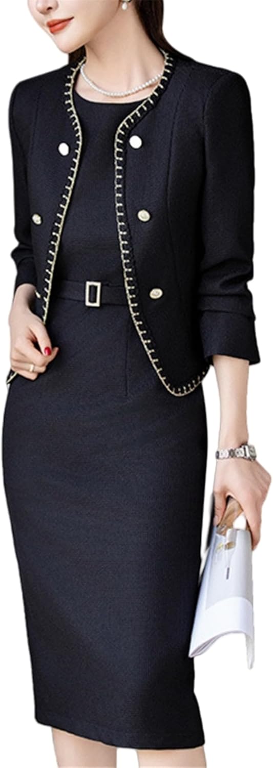 Women's Two Piece Business Outfit Sleeveless Sheath Dress with Long Sleeve Blazer Office Work Suit Set