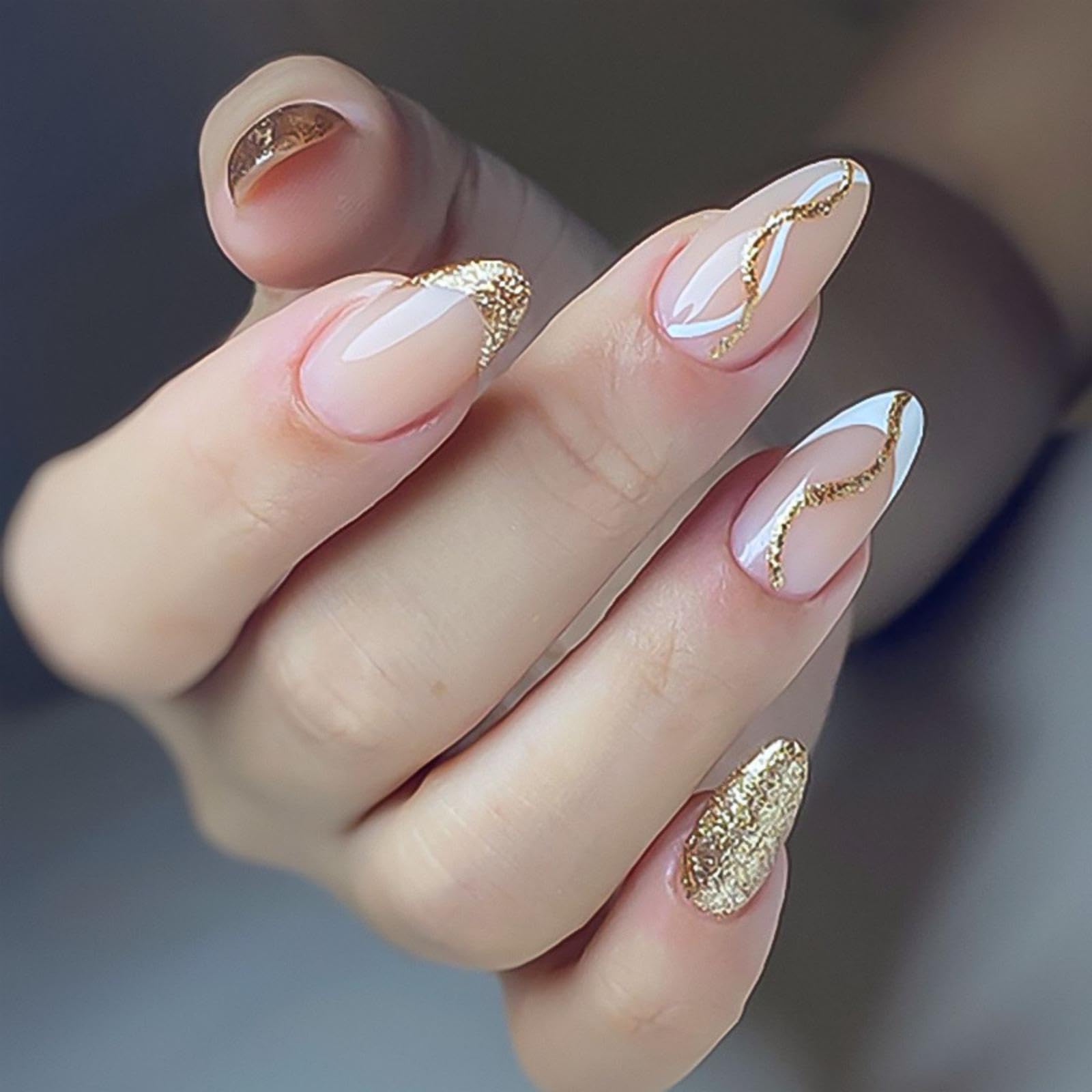 Gold Glitter Press on Nails French Tip Fake Nails Medium Almond Glue on Nails Glossy Reusable Artificial Acrylic Full Cover False Nails Nude Stick on Nails for Women Girls Nail Decoration 24Pcs