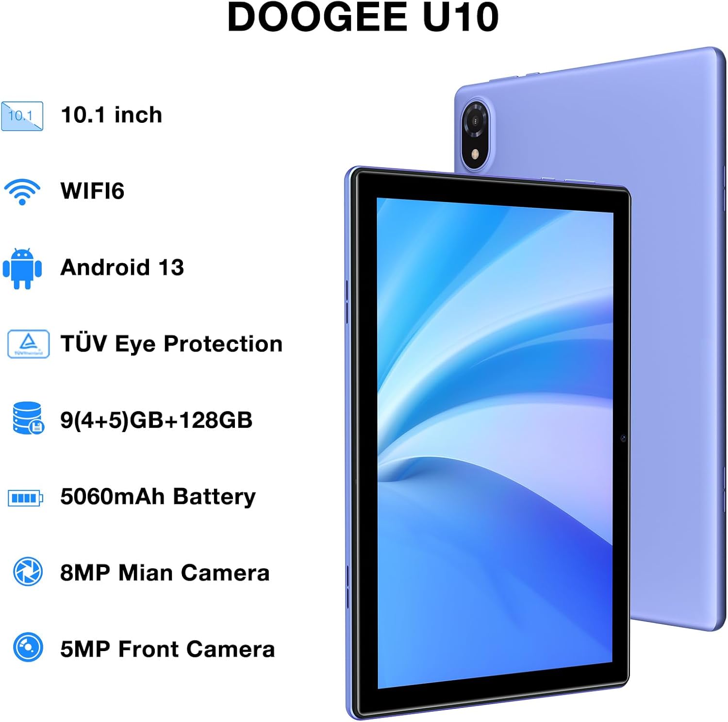 DOOGEE U10 Tablet with features labeled: 10.1 inch display, WiFi6, Android 13, TÜV Eye Protection, 9GB RAM + 128GB ROM, 5060mAh Battery, 8MP Main Camera, 5MP Front Camera.