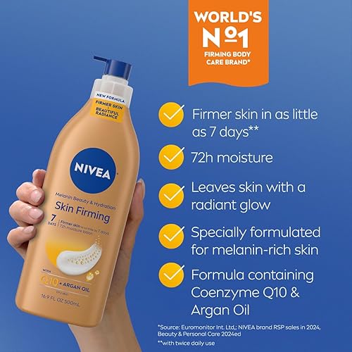 Miniatura 3 de NIVEA Loción corporal de melanina reafirmante para la piel con Q10 y aceite de argán, piel más firme en tan solo siete días, botella con bomba de