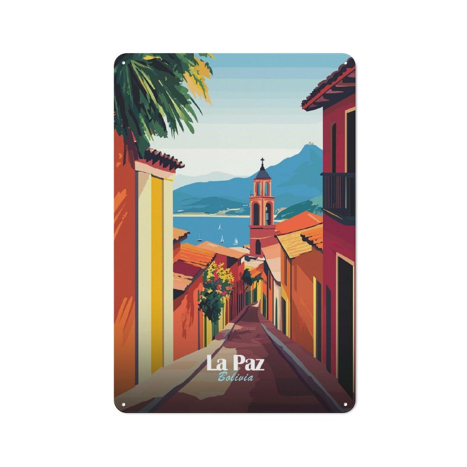 La Paz Bolivia Cityscape Vintage Metal Wall Decor 30x20cm, Tin Wall Sign for Restaurant, Kitchen, Counter Or Breakfast Nook