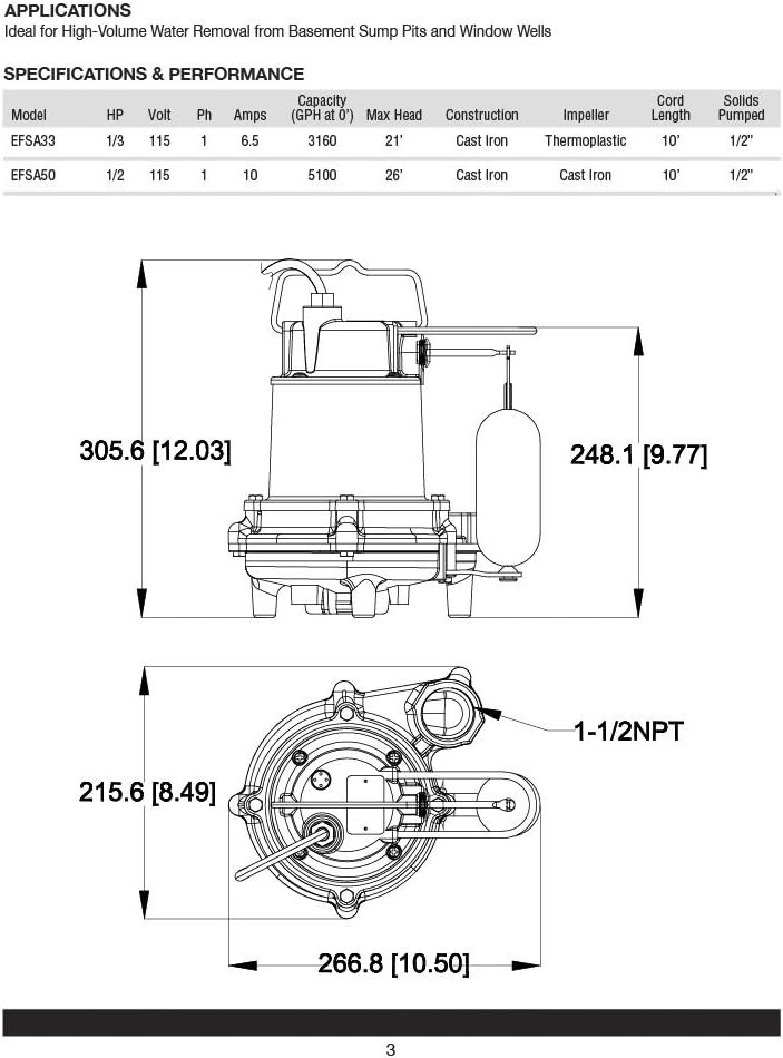 ECO-FLO Products EFSA50 1/2 hp 5100 GPH Cast Iron Sump Pump with Vertical Switch, Black