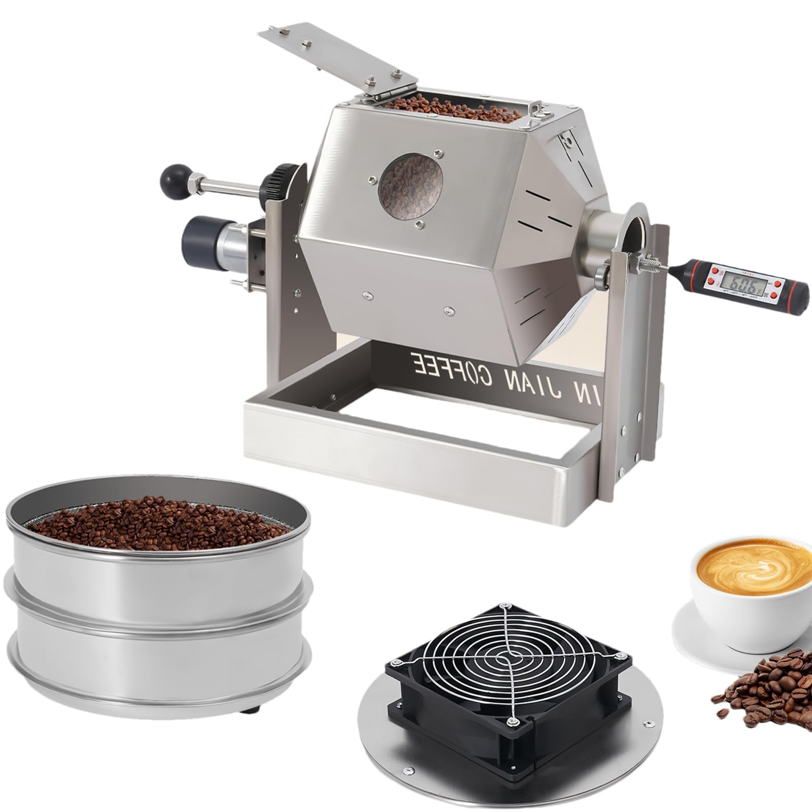 Gas Coffee Roaster 3.8L Coffee Bean Roaster with A Bean Cooler and 2 Sieves(6/40Mesh) Drum Type Electric Coffee Roasting Machine for Home and Commercial, 0.66-1.1lbs/time, 110-120V, Stainless Steel