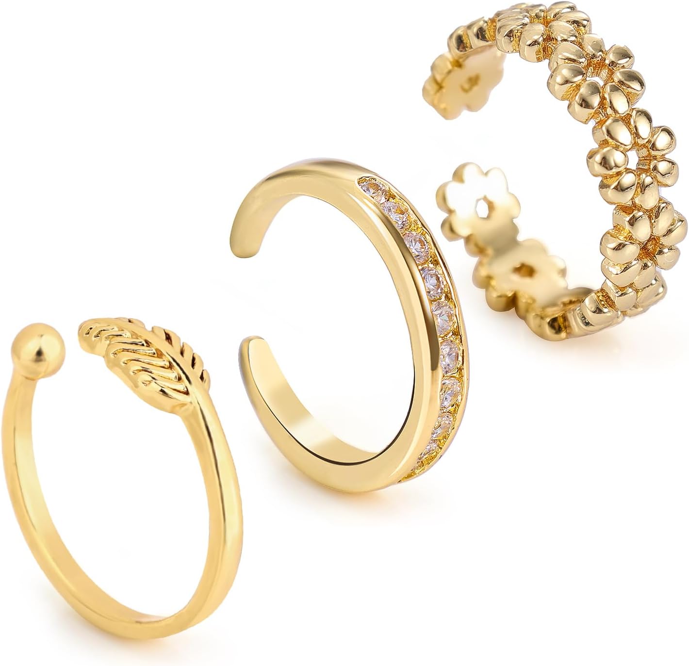 3pcs Toe Rings, 3 Styles Gold CZ Open Toe Ring for Women Dainty Adjustable Foot Jewelry Set Summer Beach Gift Decoration