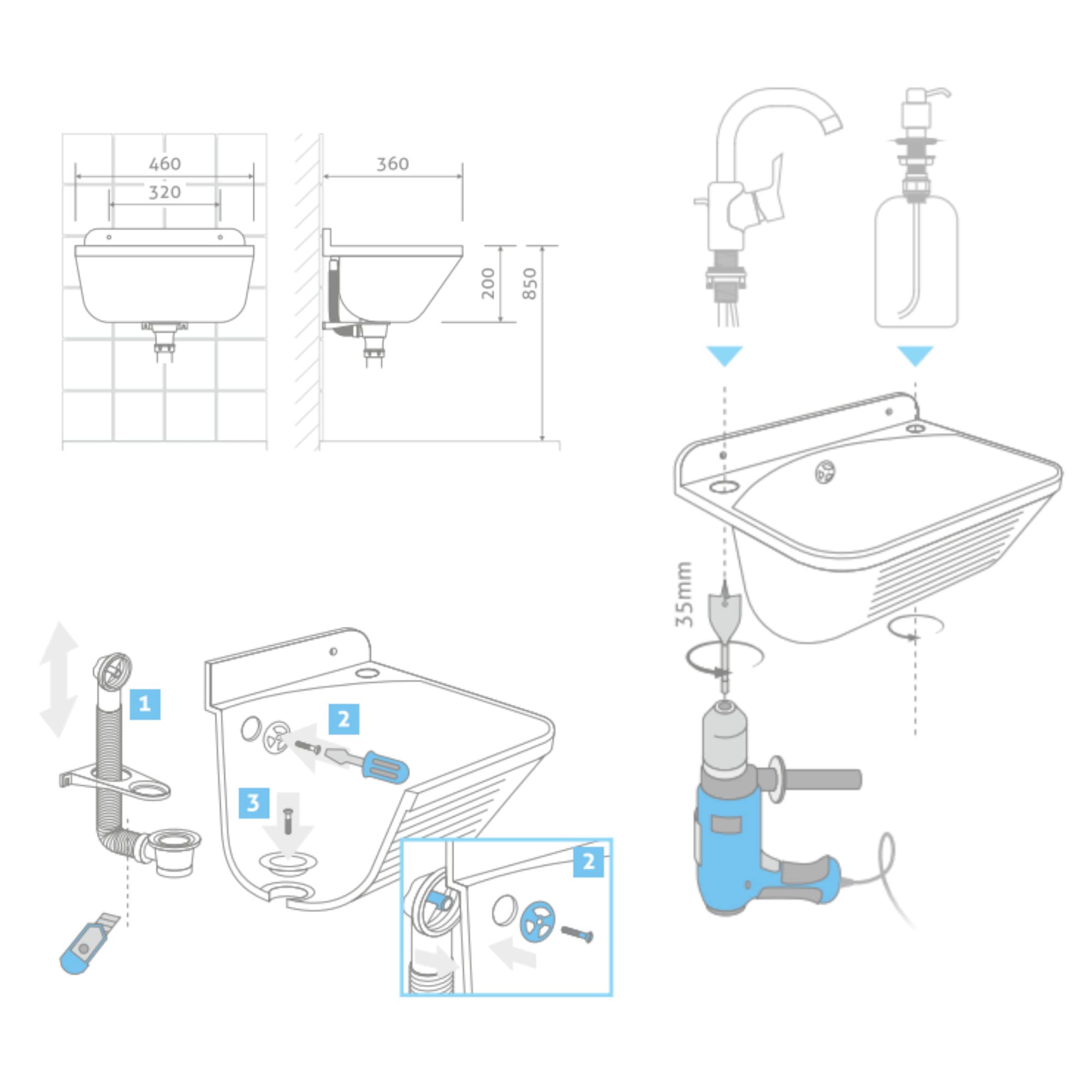 Lavabo con sifón fregadero de plástico blanco granito color, 45 cm de longitud colgante instalación de agua cocina baño lavabo resistente