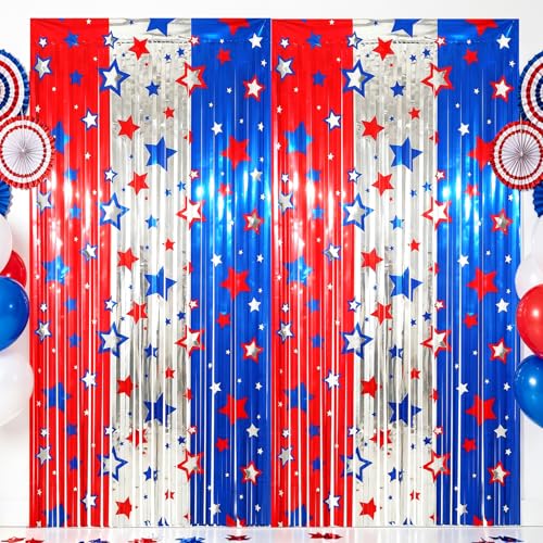 4th of July Foil Fringe Curtains 2Pack Red White and Blue Decorations 3.3X6.6Ft Star Tinsel Metallic Streamer Patriotic Party Photo Backdrop for Memorial Independence Day Election Labor Veterans Day