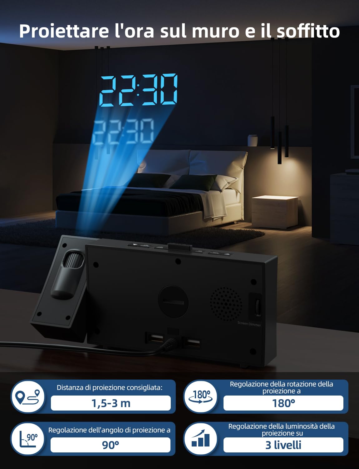 LIORQUE Sveglia con Proiettore a Soffitto, Radiosveglia con Proiettore a Grande Schermo, Sveglia Digitale con Doppia Sveglia, Funzione Snooze, Regolazione Infinita Della Luminosità, 2 Porte USB