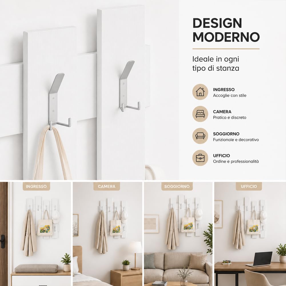 Shally Dogan Appendiabiti da Muro con 8 Ganci Doppi Resistenti, Attaccapanni Montaggio a Parete Resistente Alta Capacità in Legno, Design Moderno, Ideale per Ingresso Casa e Ufficio (Bianco)