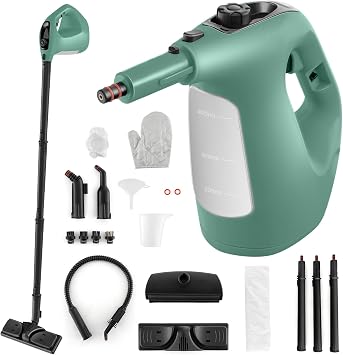 Goplus Multipurpose Handheld Steam Cleaner, Pressurized Steam Cleaner w/ 17 Pieces Accessory Set, 350ml Portable All Natural Chemical-Free Steamer for Home Sofa Upholstery Floor Window Kitchen Green