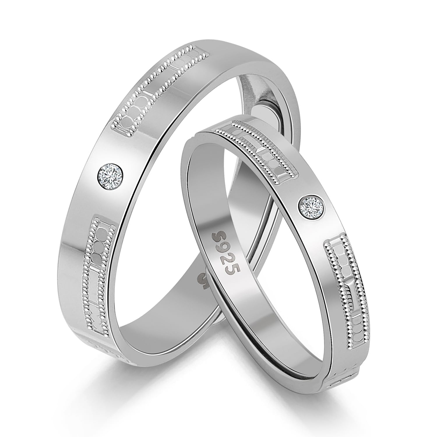 Meissa Anillo de Compromiso Boda Alianzas de Plata de Ley 925 para Pareja Anillos Ajustables con Circonita Mujer 3mm & Hombre 4mm Juego Nupcial Regalo, Juego de dos anillos (Grabado)