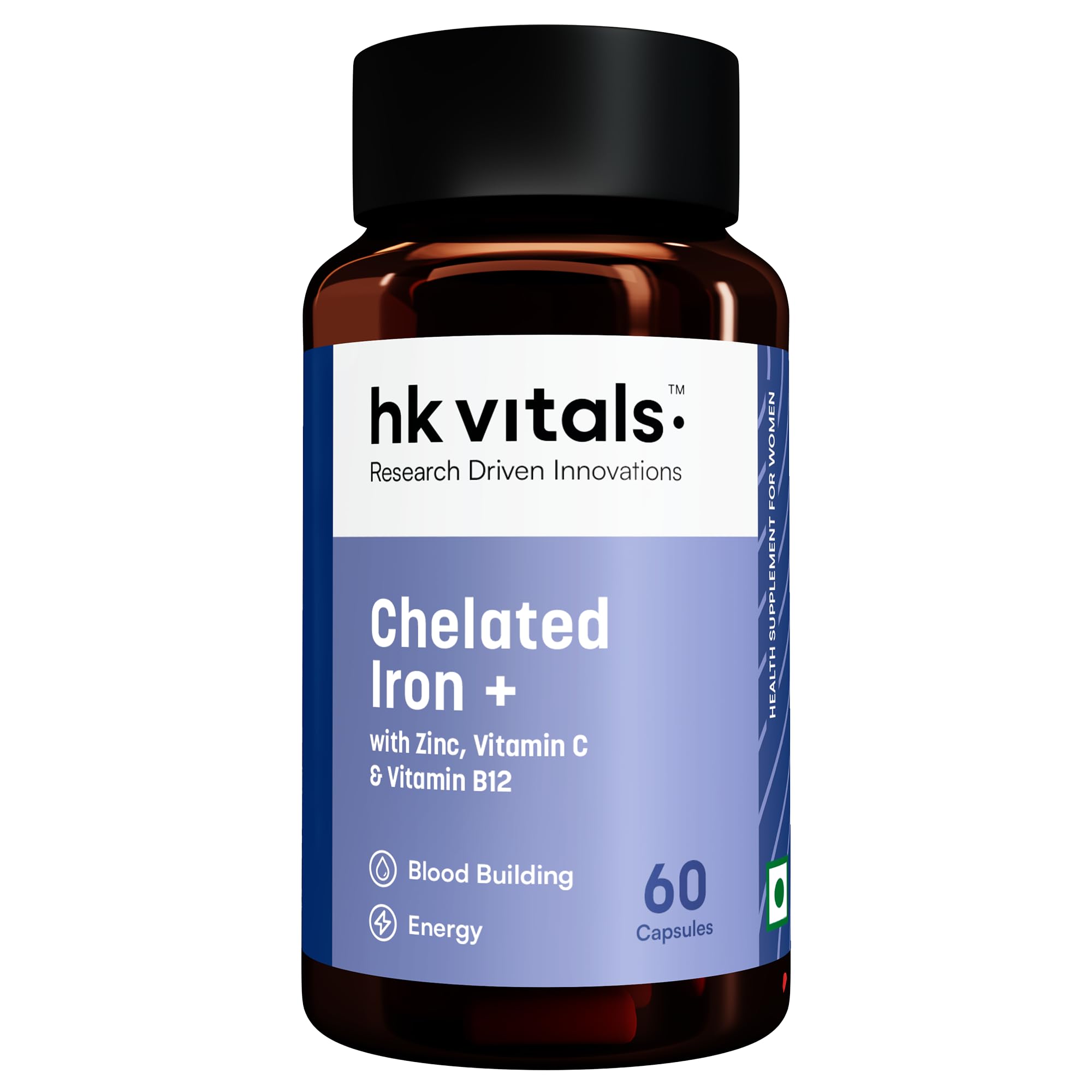 hk vitals Chelated Iron + Supplement (60 Capsules) | With Zinc, Vitamin C & Vitamin B12, Supports Blood Building | Immunity and Energy