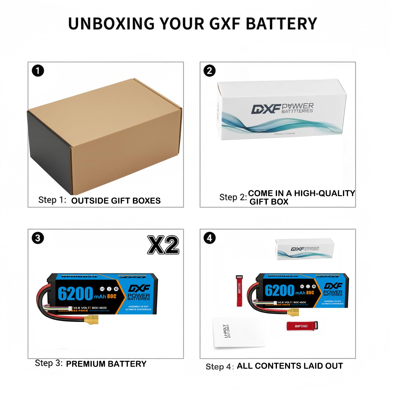 DXF Batteria LiPo 4S 14.8V 6200mAh 80C Spina XT90 Auto RC Truck Buggy 1/8 1/10 Alte Prestazioni Potente Affidabile Esperienza Decennale Gare Racing Modellismo 2 Pezzi