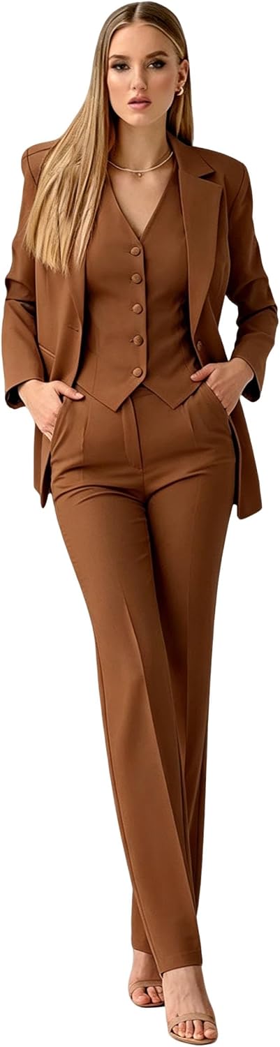 Women's 3 Pieces Suit Business Casual Clothes Office Lady Single Breasted Button Jacket V-Neck Vest with Solid Pants