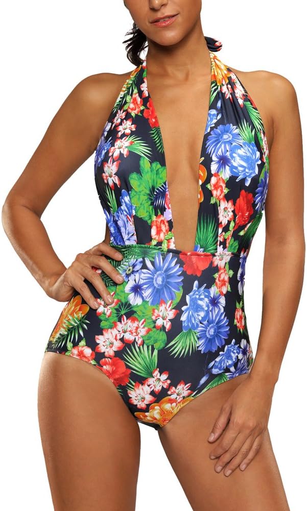 Ruici High Waisted Vintage Retro Pin-up Bathing Suit Swimwear One Piece Maillot Floral Print Swimsuit,Print Green,XXXX-Large