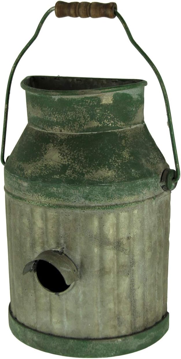 Galvanized Ribbed Metal Hanging Pail Planter and Bird House