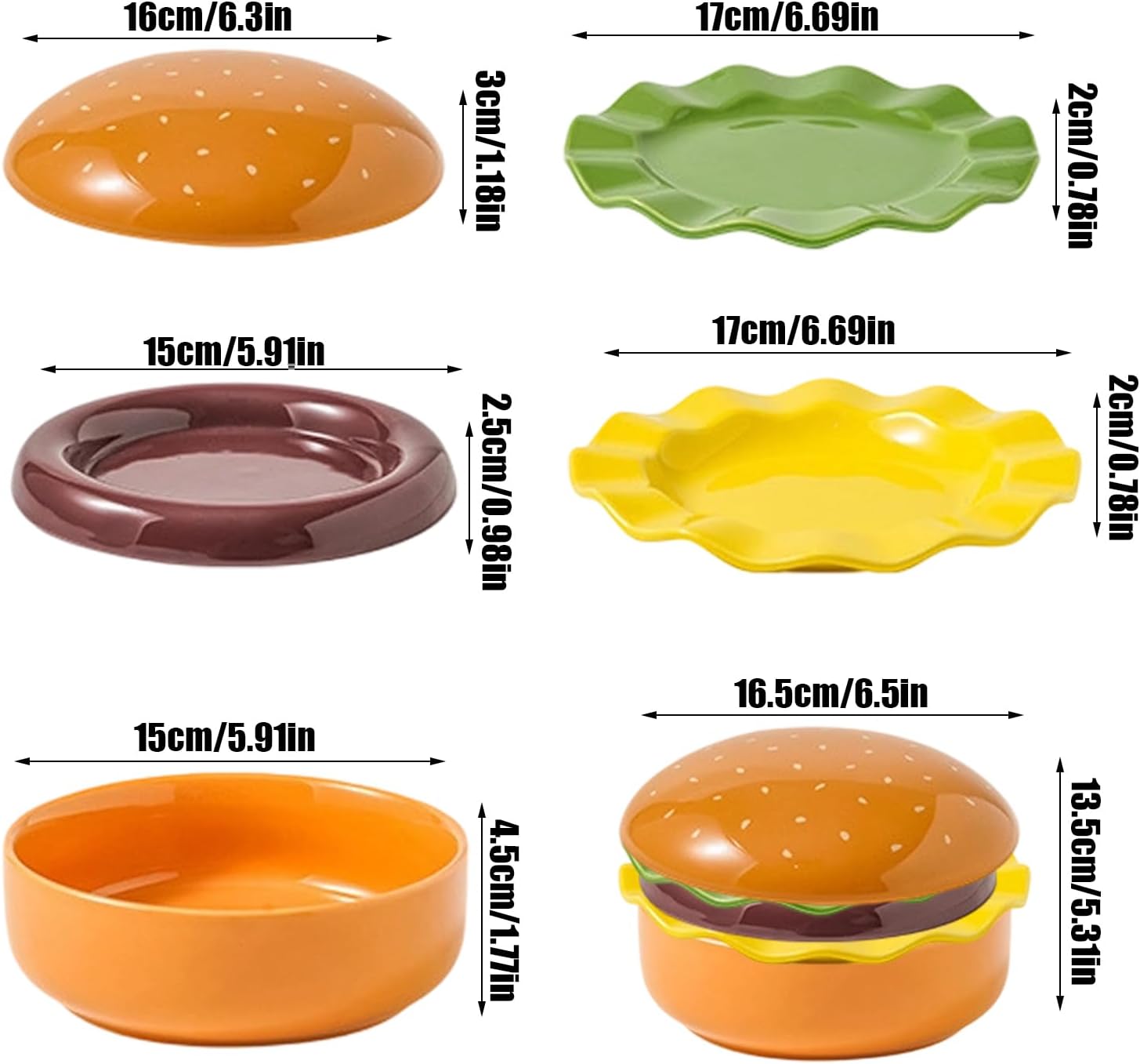 Burger Ceramic Plate Set, Stackable Ceramic Flatware, Cute Appetizer Plates for Party Hosts Event Planners Family Dinner Picnic Barbecue Gathering