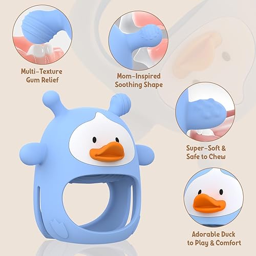 Miniatura 5 de Paquete de 2 juguetes de dentición para bebés de 3 a 6 a 12 meses, guantes de dentición de silicona de grado alimenticio, mordedores de mano