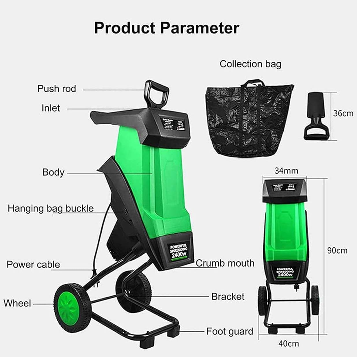 2400W Electric Garden Shredder, Wood Chipper Garden Mulcher for Leaves and Branches with 50L Collection Bag & Wheels, Max Diameter 40mm, for Yard Cleanup, Composting Grey