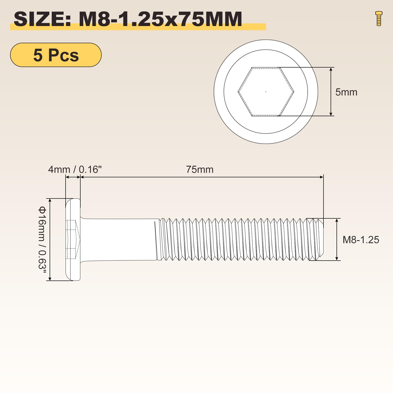 METALLIXITY Flat Head Hex Socket Cap Screws Bolts(M8-1.25x75) 5Pcs, Steel Hex Socket Furniture Bolts Screws - Image 2