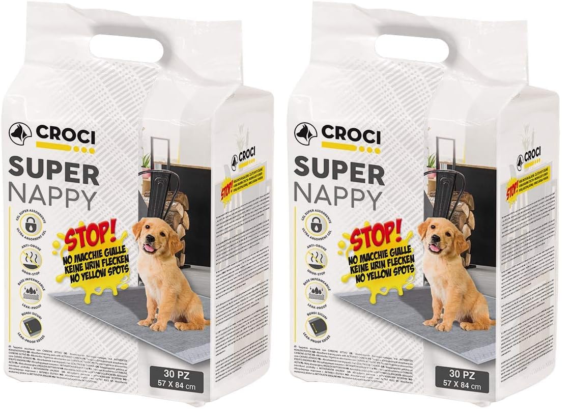 Croci Super Windel Aktivkohle – Hygienematten für Hunde 57x84 cm – 30 Stück, Unterlagen für Hunde und Haustiere, für Hunde- und Katzenurin, Ultra saugfähig, Einweg, reiß- und geruchshemmend