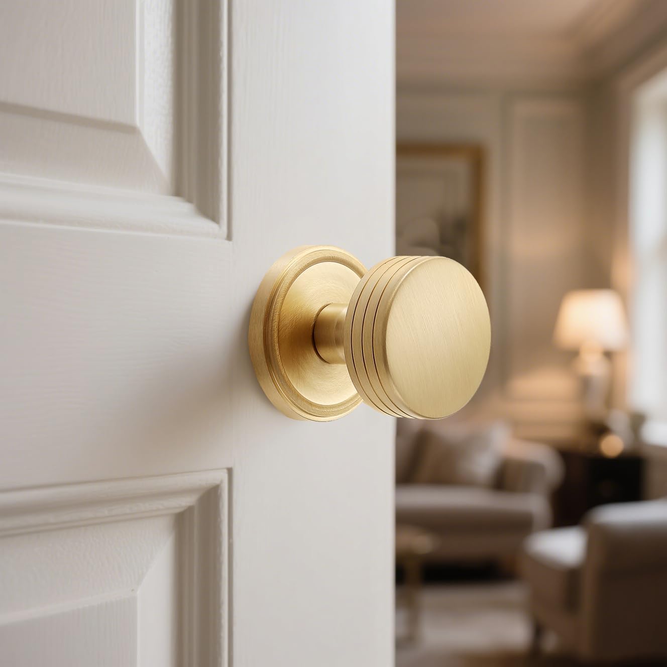 Minimalist Brass Privacy Door Knob – Decorative Groove Design, Brushed Brass Finish, Solid Brass Latch – 60mm Fixed Backset for Bedroom & Bathroom (Brushed Brass, Privacy-2.375 in)