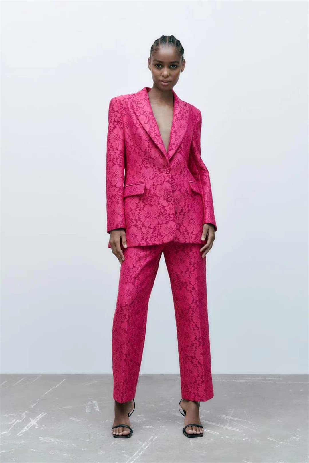 Dninmim Traje de tela de encaje para mujer, trajes de primavera y otoño, pantalones largos básicos