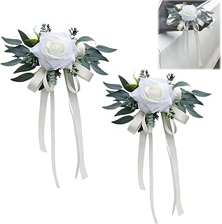 2 Stück Hochzeitsdeko Auto, Autoschmuck Hochzeit Künstliche Blumen mit Saugnäpfen, Vintage Auto Deko Hochzeit Autokorso Autoschleifen Hochzeitsauto Schmuck für Auto Rückspiegel Weiß