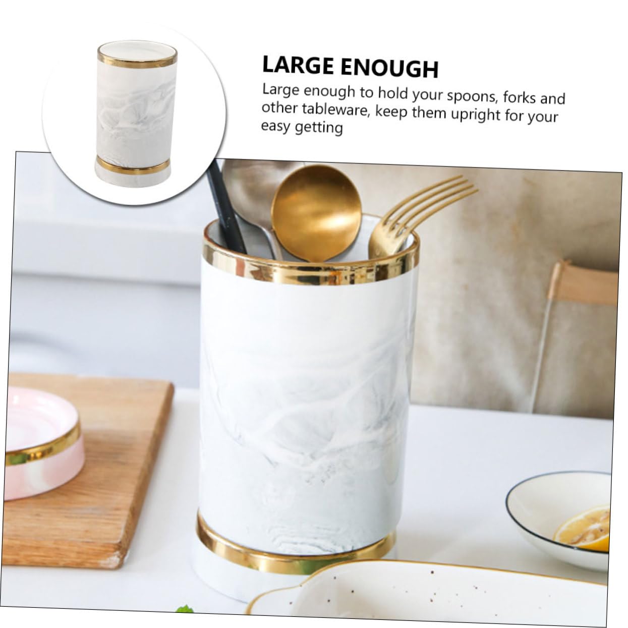 Gatuida Porte-ustensiles de Cuisine Céramique Motif Marbre Gris avec Bord Doré Grand Organisateur pour Couverts Baguettes Cuillères et Spatules Support Pratique pour Plan de Travail