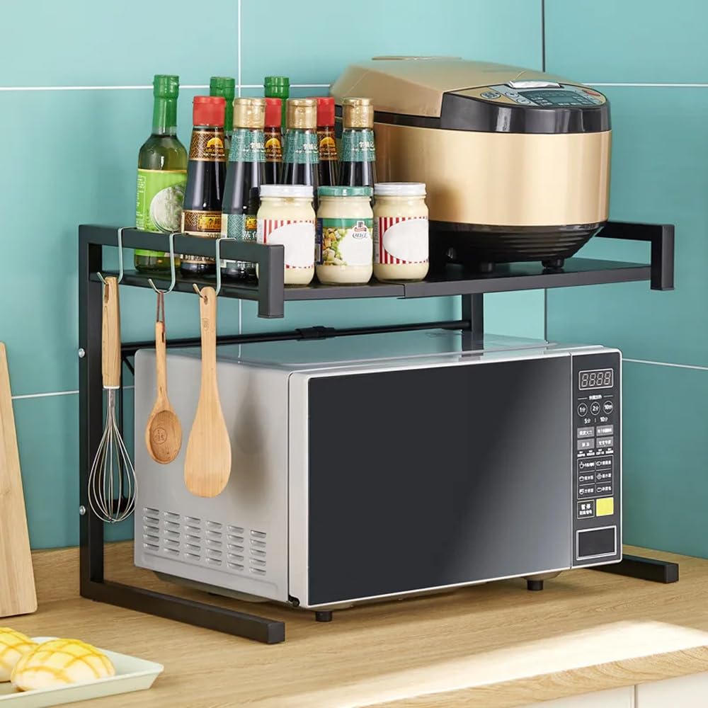 BTGGG Étagère extensible à 2 niveaux en métal pour four à micro-ondes - Support de boulanger de cuisine - Organiseur de rangement avec 4 crochets - Capacité de charge de 20 kg