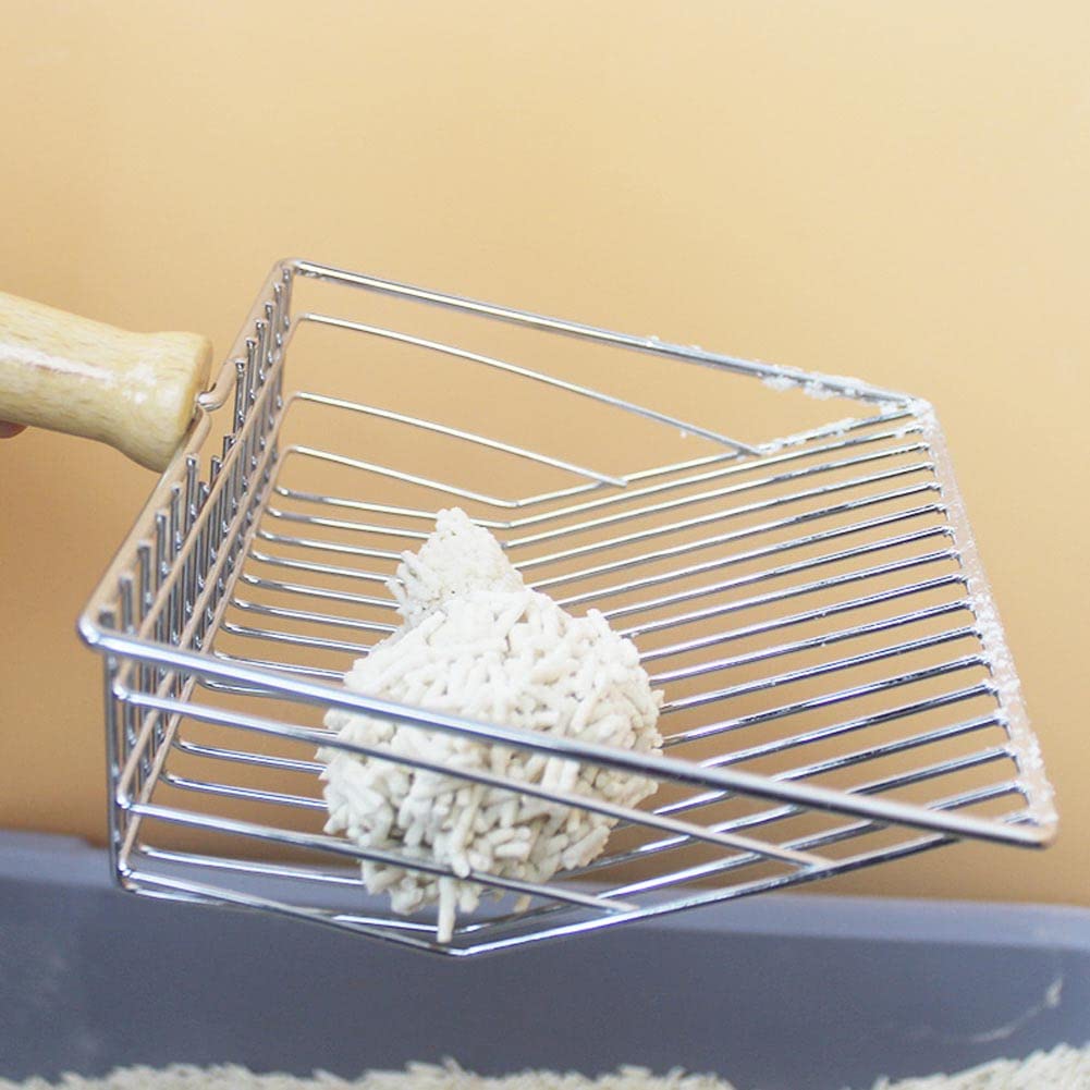 KUNWU Steel Silver Cat Litter Scoop Large with Wooden Handle, Fast Sifting Lifter Cat Litter Scooper, Easily Use and Cleaning (Silver)