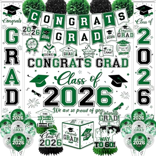Graduation Decorations 2026 Set Black and Green - Graduation Party Supplies with Congrats Grad Banner Backdrop Balloons Hanging Swirls Honeycomb Centerpieces for Grad Party Decorations