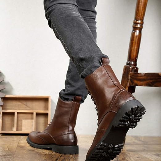 Brogues Leren laarzen voor heren, hoge taille, veterlaarzen met ronde neus,  klassieke wandelschoenen, comfy boots, premium waterdichte laarzen :  Amazon.nl: Kleding, schoenen \u0026 sieraden