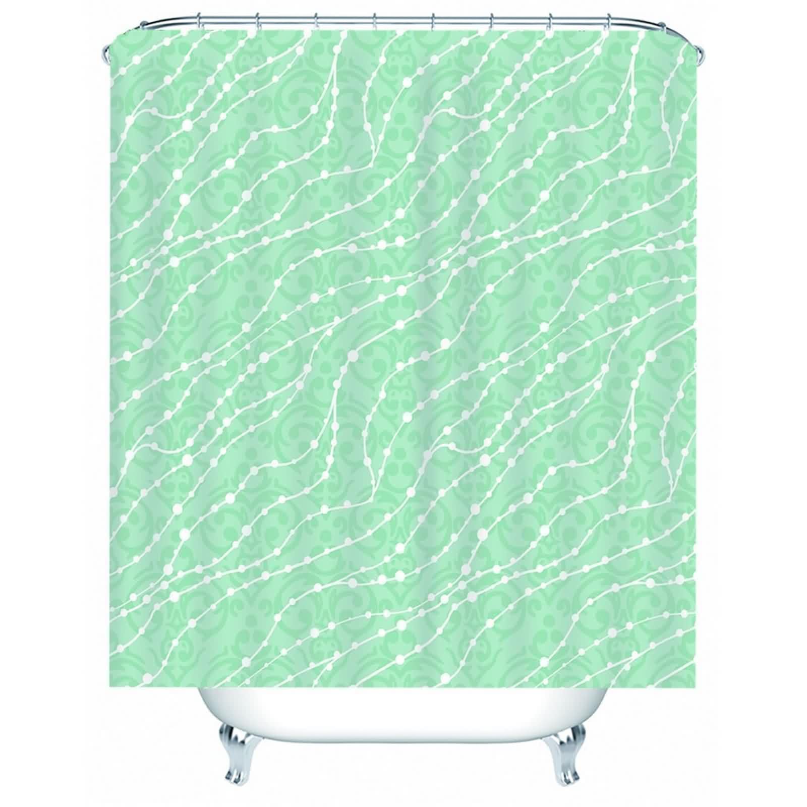 Rideau de douche vert clair contre l'eau au sol, confort textile blanc pour baignoire propre