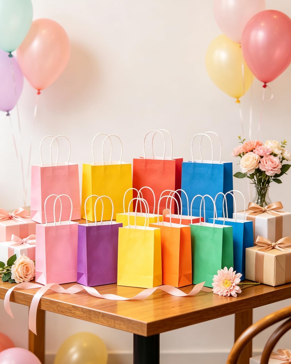 qiqee 24 Colors Small Gift Bag with Handles Bulk 24PCS Paper Party Bags 8.3"x6"x3" Multiple Uses (Small Size)