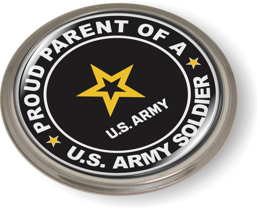 Image of Proud Parent of a U.S. Army Soldier CAR Emblem Badge Sticker Aluminum Bezel | Official U.S. Army Licensed Product, 3D Domed, Semi-Flexible, made by BestLicensePlateFrames