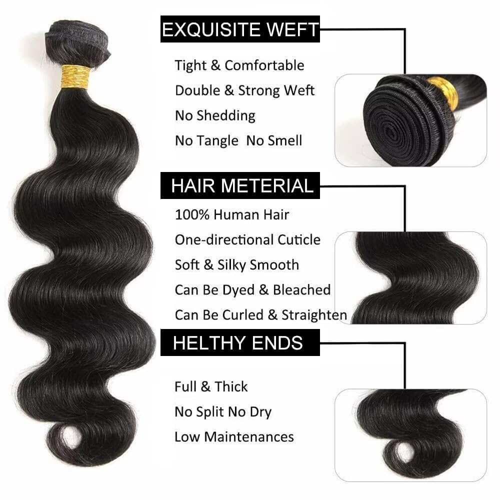 Ladiary Brasilianische Haare Bündel Echthaar Body Wave Human Hair 3 Bundles 18 20 22 Inch Wave Hair Weave 10A Brasilianisches Haar Remy Menschliches Haar Weave Natural Black Color