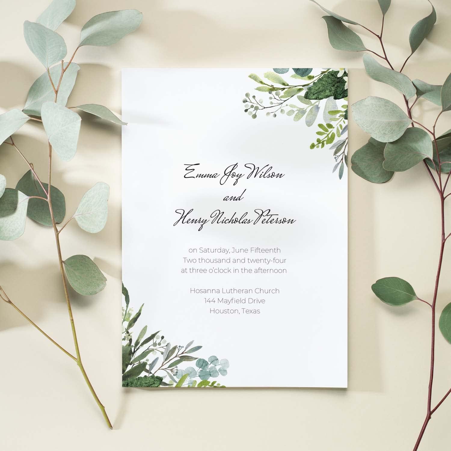 Canopy Street Personalized Greenery Script Invitations / 25 Custom Modern Wedding Invites With White Envelopes / 5" x 7" Flat Watercolor Botanical Party Invite/Made In The USA