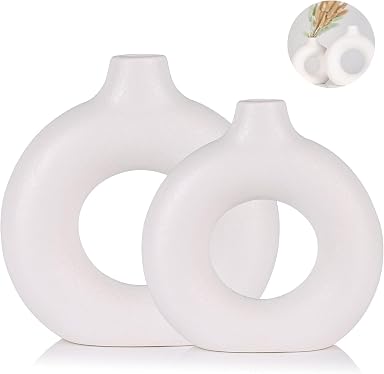 SPHINX Ceramic Donut Vase, Flower Pampas Grass Home Decor Centrepiece for Home, Office, or Gifts - White (6 & 8 Inches Set)