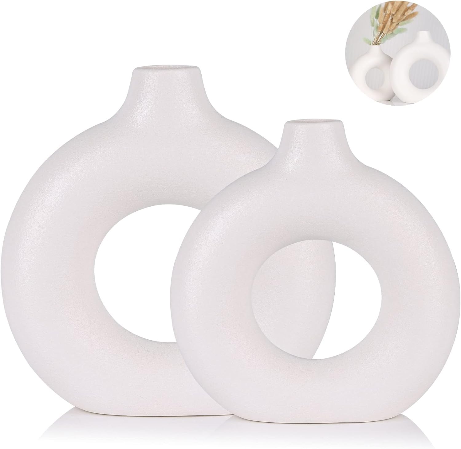 SPHINX Ceramic Donut Vase, Flower Pampas Grass Home Decor Centrepiece for Home, Office, or Gifts - White (6 & 8 Inches Set)