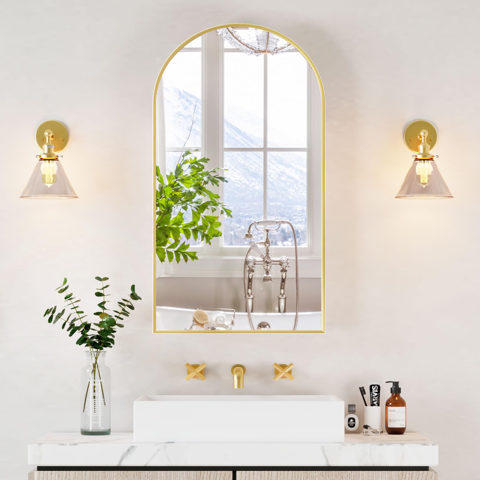 Bathroom Mirror with Storage,Arched Mirror Cabinet Bathroom Wall,Bathroom Cabinets with Mirror,Curved Arch Bathroom Mirror Cabinet,Brushed Gold Mirrored Bathroom Cabinets Wall Mounted,40x80