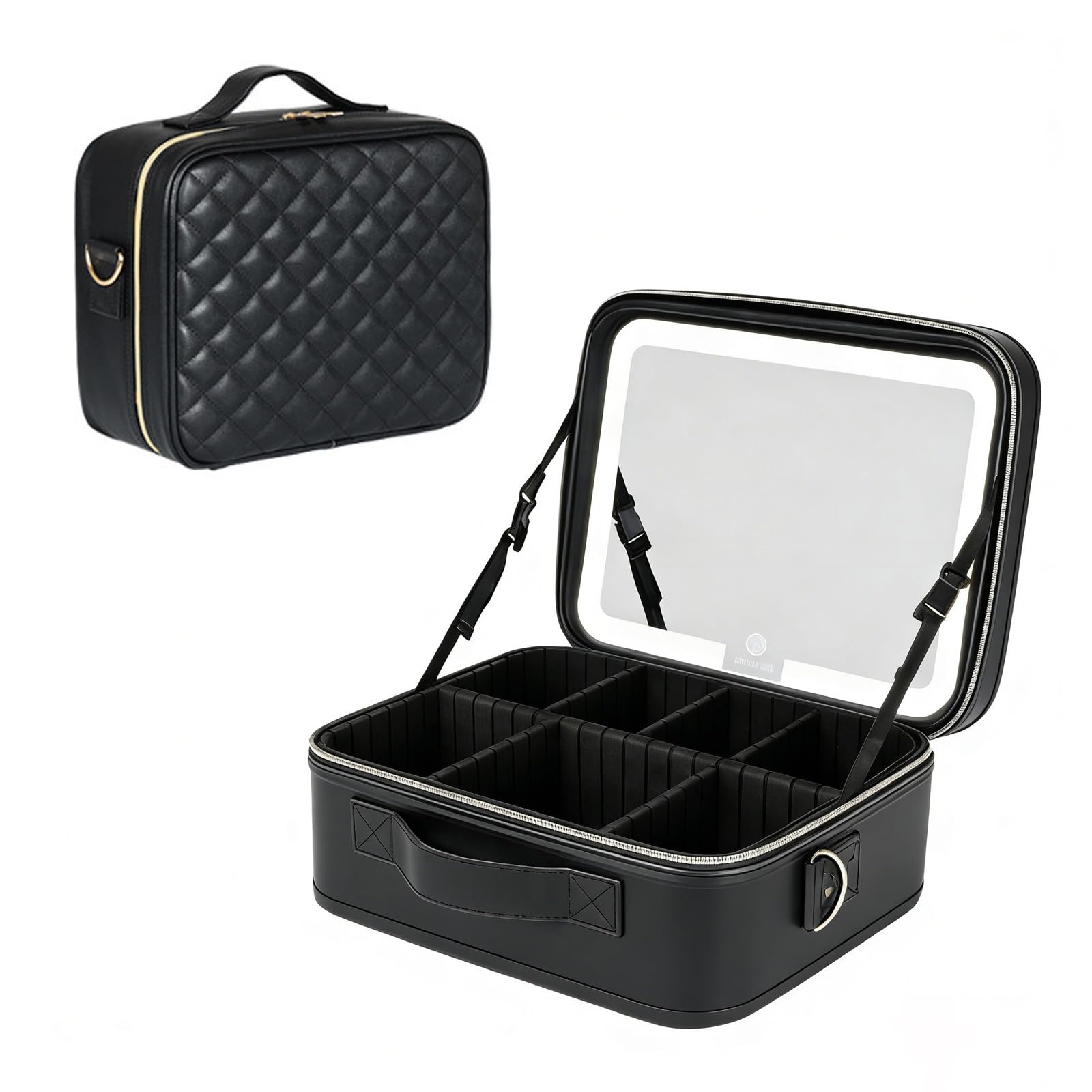 HJXGQJM Podróżna kosmetyczka kosmetyczka organizer na przybory do makijażu torba z podświetlanym lustrem, materiał PU, regulowana jasność w 3 scenariuszach kolorystycznych, wodoodporne etui na