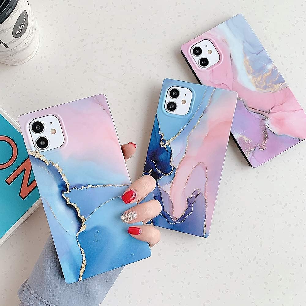 WEDO Compatible with iPhone 12 Pro Max Square Marble Case, Slim Elegant Soft Shockproof Protective and Durable Cases Bumper Cover for iPhone 12 Pro Max(Blue Marble)