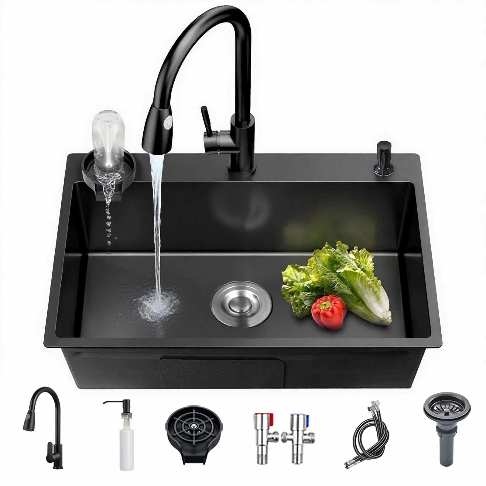 Lavello da cucina in acciaio inox nero con montaggio sotto piano di lavoro piccolo lavello da cucina con accessori per scolapiatti, adatto per cucine, roulotte, bar e ripostiglio