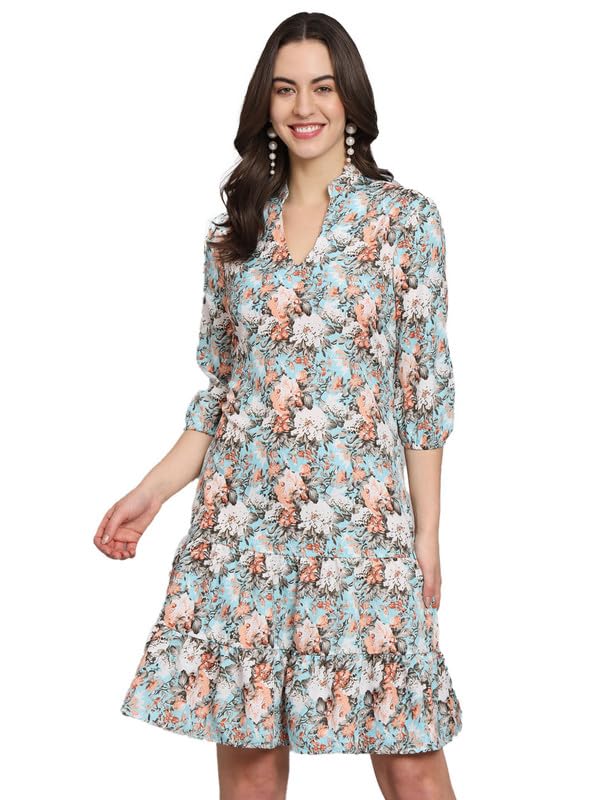 Vaararo Party A-Line Dress for Women | Crepe Fabric Multicolor Floral Printed Mandarin Collar Outfit