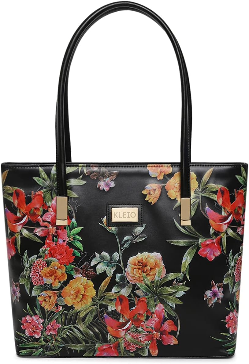 KLEIO Women's Floral Tote Bag with Polyster Lining & Zip Closure | Spacious, Durable & Versatile Bag for Ladies on College, Office, Travel & Shopping | Ladies Purse for Everyday Essentials