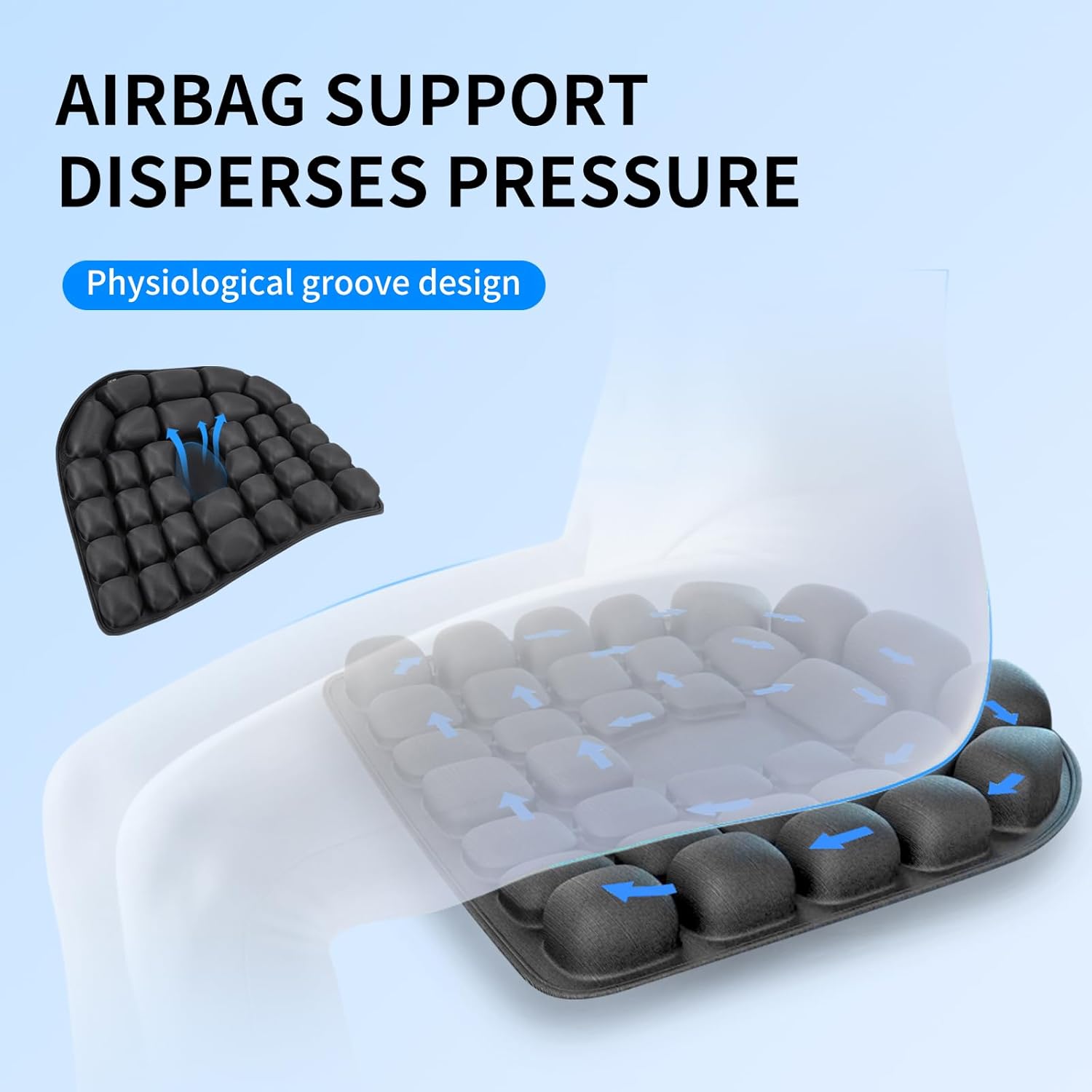 Airplane Seat Cushion - INFLATE/Deflate Built in Pump Inflatable Pad for Office Chairs, Wheelchairs, Car Seats & Outdoor Cushions 17.7x15.7 inches (Black)