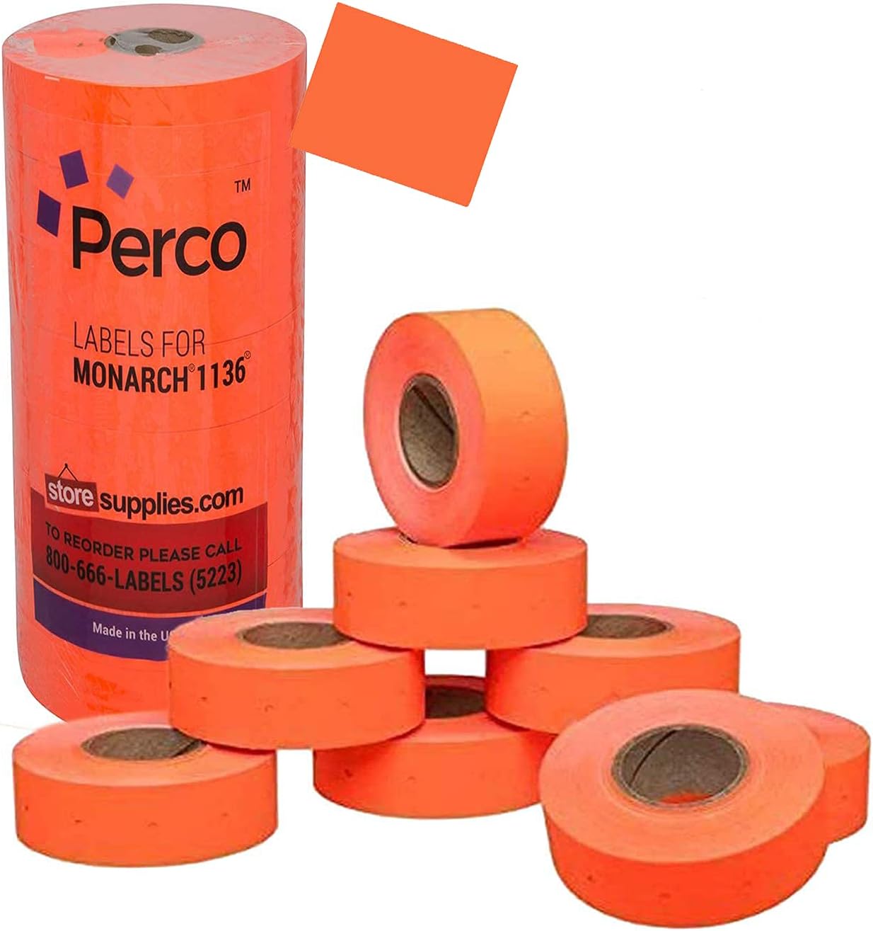 Perco White Pricing Labels for Monarch 1136 Price Gun - 8 Rolls, 14,000 Pricemarking Labels Bundle with Perco Fluorescent Red Pricing Labels 8 Rolls, 14,000 Pricemarking Labels
