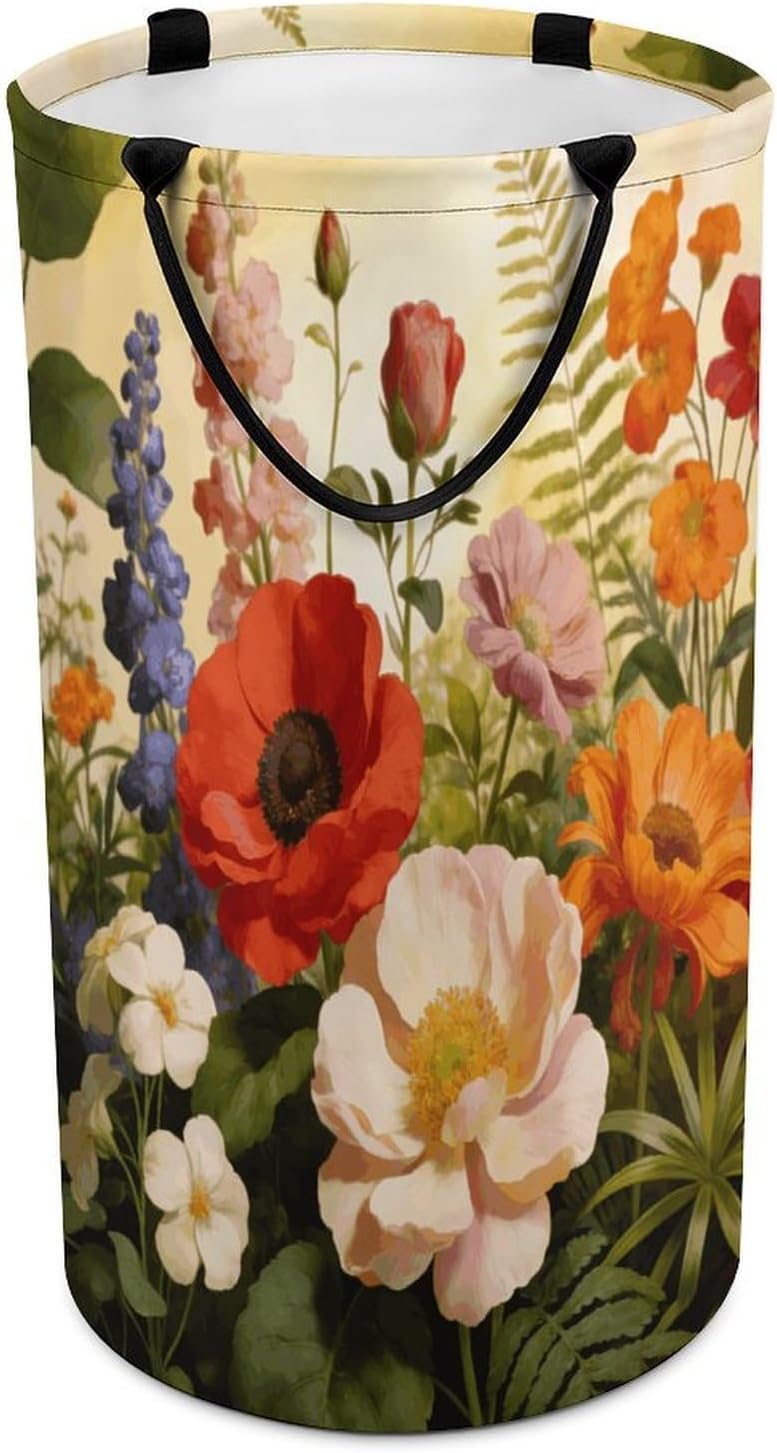 Flowers Plants Laundry Hamper 86L Waterproof Collapsible Clothes Basket with Double Handles Freestanding Foldable Laundry Basket Large Clothes Hamper for Bathroom