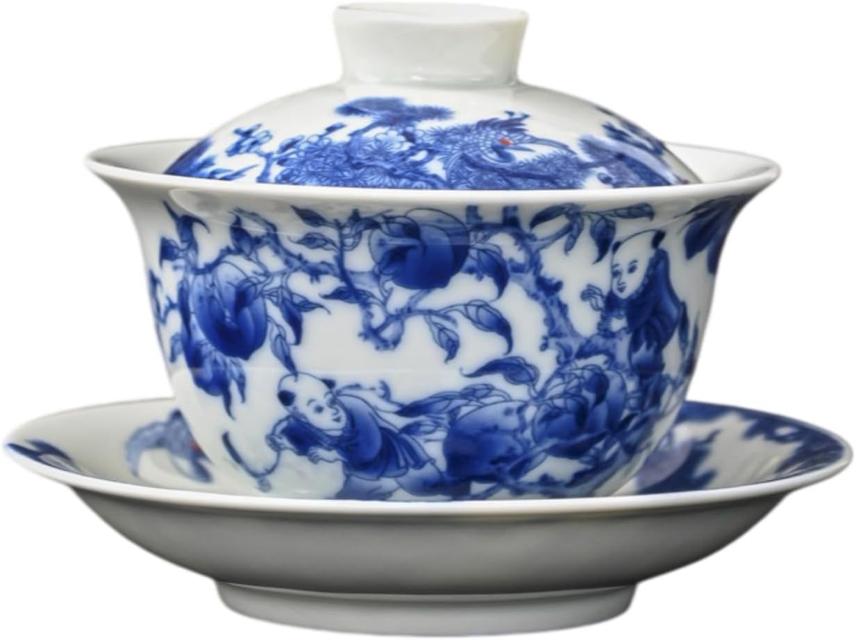 老陶泥青花盖碗茶杯茶具青花瓷泡茶碗家 Ceramic Kung Fu Tea Set,teapot,Teacups,warming Wedding Birthday Gift,Tea Tray Chinese,Dishwasher Safe 青花盖碗【寿桃】